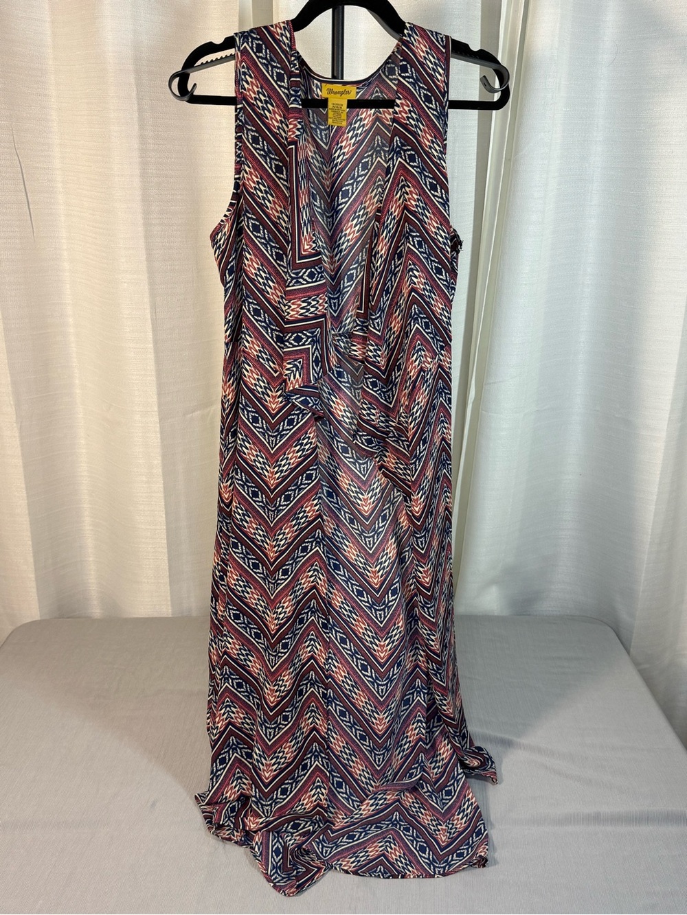 Wrangler Navy & Coral Chevron Open Front Maxi Duster Vest Southwestern